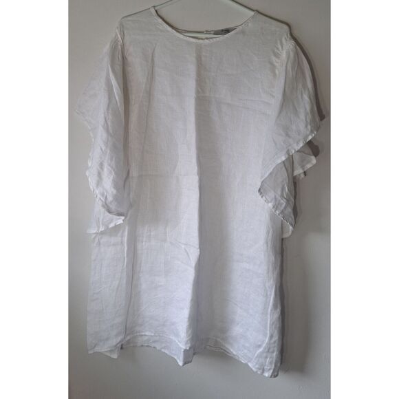 Isabel Women Large White Beach Dress Batwing Flutter Sleeve 100% EUROPEAN LINEN - Picture 1 of 9